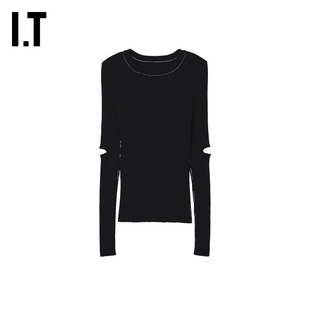IT D DEMOO女装圆领长袖上衣新款时髦摩登挖剪镂空罗纹衫45099AXP