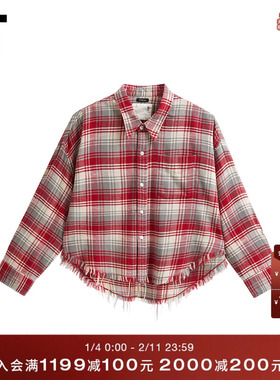 IT R13女装毛边格纹长袖衬衫新款复古文艺翻领格子短上衣R13WR1XQ