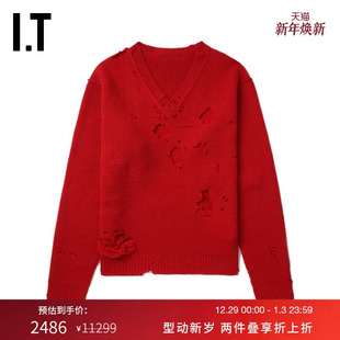 新款 廓形V领针织衫 复古街头磨损破洞毛衣120RXN VETEMENTS女装