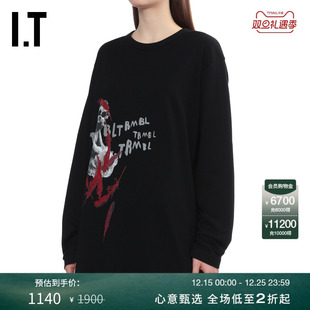 中长款 s女装 长袖 T恤新款 日潮图案印花圆领上衣T35070XP 时尚