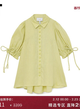 IT JOSLIN女装泡泡袖短袖衬衫新款甜美复古纯色翻领上衣231470XM