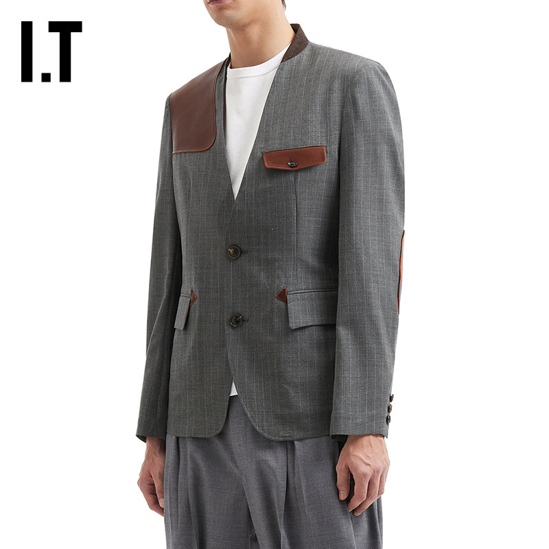 IT KHOKI男装无领条纹西装夹克新款复古通勤皮质拼接外套SSJK01MQ,男装,西服,淘宝优惠券,粉丝福利购,淘宝优惠卷