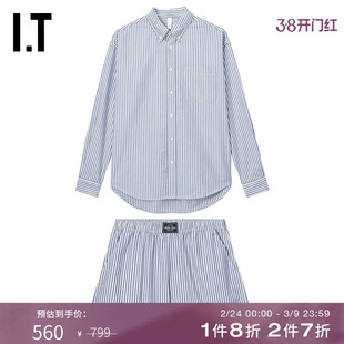 IT WITTH LOVE女装条纹长袖衬衫短裤套装新款清爽时尚两件套8005A