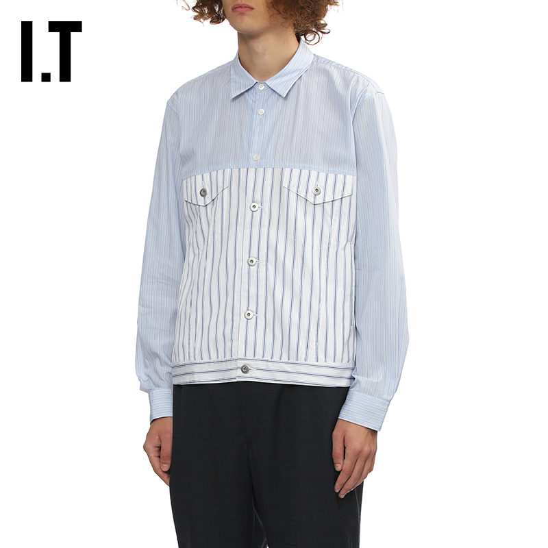 IT条纹拼接长袖工装衬衫