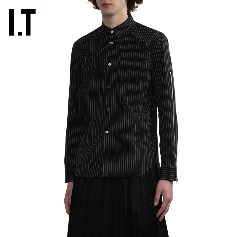 IT拉链装饰条纹长袖衬衫