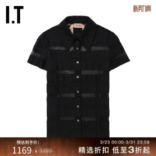 新款 衬衫 合身短袖 时髦优雅透视网纱拼接上衣614793BM N21女装