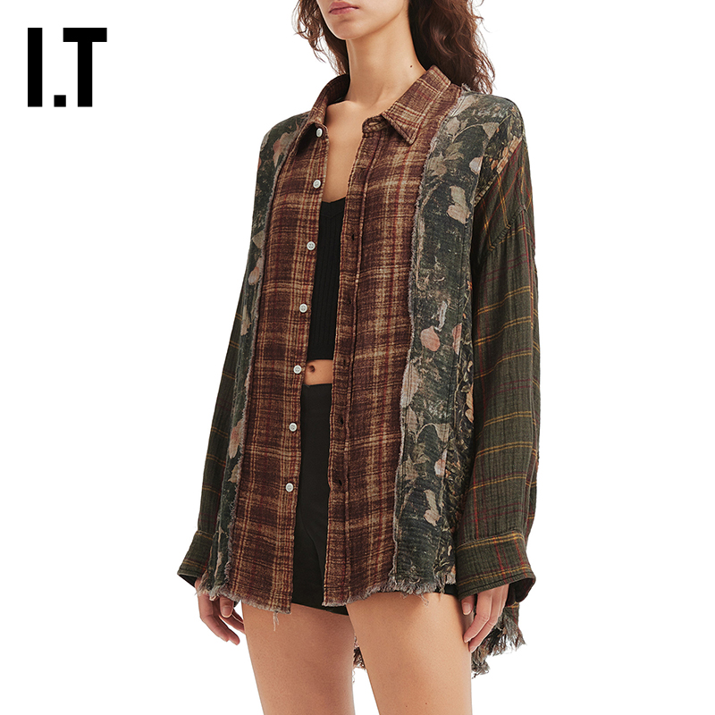 ITR13宽松格纹衬衫复古文艺风