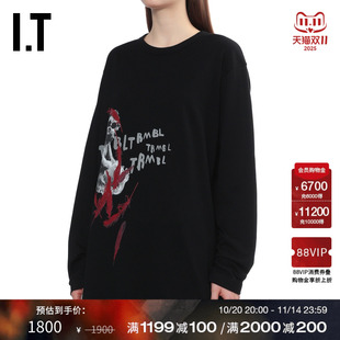 中长款 s女装 长袖 T恤新款 日潮图案印花圆领上衣T35070XP 时尚