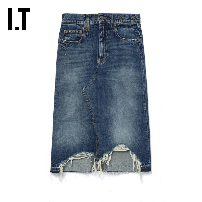 IT R13女装中长款牛仔半身裙新款复古甜酷磨损毛边直筒裙WD1001XN