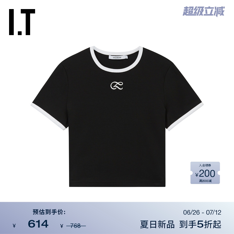 IT CALVIN LUO女装撞色包边短袖T恤新款时尚清爽合身内搭123BKWXO