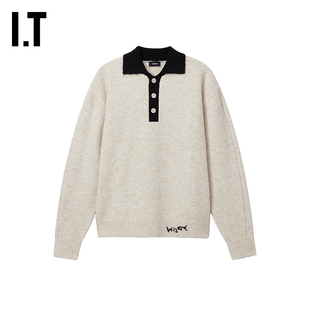 IT We11Done女装polo领针织衫新款复古质感宽松拼色毛衣677MIVXP