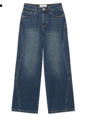 IT PortsPURE女装宽松牛仔长裤新款时尚质感水洗磨白仔裤P70210XO