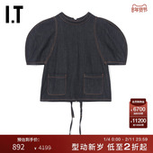 SJYP女装 牛仔上衣新品 时髦个性 后背系带设计泡泡袖 上衣039XI