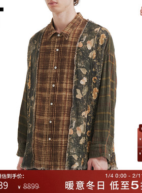 IT R13男装毛边格纹衬衫新款复古文艺风解构感拼接上衣538W25MP