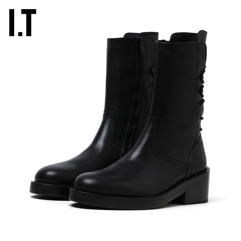 IT Ann Demeulemeester女款中筒靴新品时髦摩登系带粗跟皮靴02380