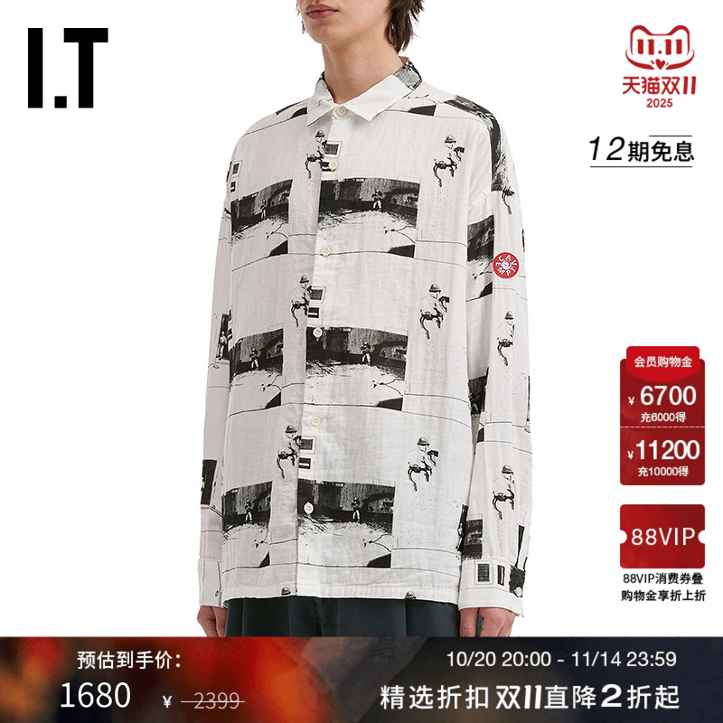 IT C.E男装宽松长袖衬衫新款潮流有型满幅图案装饰花上衣28SH08MP