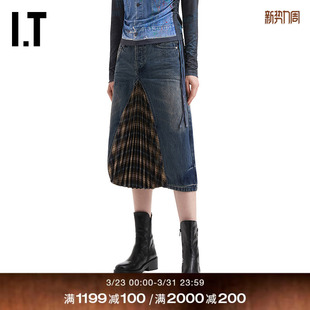 时尚 牛仔半身裙新款 Bell女装 解构感格纹拼接A字裙 Andersson