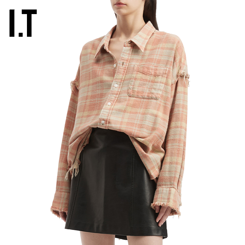 ITR13中长款格纹衬衫慵懒时尚