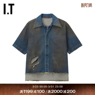 LUU 新款 DAN男装 衬衫 复古潮酷做旧毛边外搭DAWDMO 破洞牛仔短袖