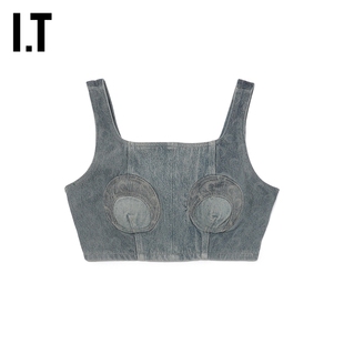 无袖 MARINE SERRE女装 时髦辣妹拼接露脐背心78DXL 牛仔上衣新款