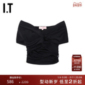 上衣TP2583AO 青春甜辣褶饰露肩修身 BAPY女装 纯色露脐上衣新款