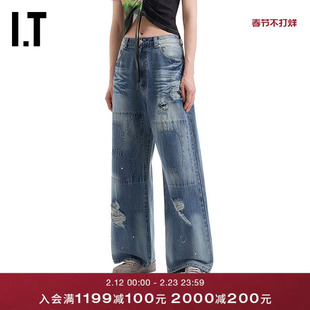 IT Andersson Bell女装阔腿裤牛仔裤新款酷感街潮破洞水洗长裤