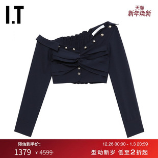 上衣新款 不对称长袖 性感热辣单肩露肩露脐上衣F003XM ROKH女装