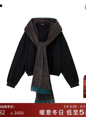 IT We11Done女装连帽卫衣新款复古潮流格纹围巾拼接上衣790UBKXP