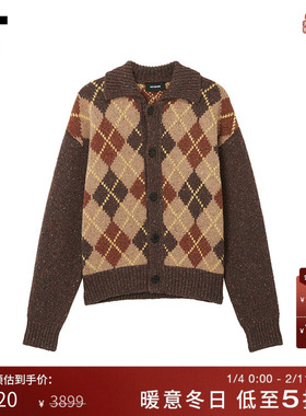 IT We11Done女装翻领针织开衫新款复古菱格纹拼色针织毛衣外套