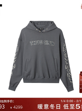 IT THUG CLUB男装连帽卫衣新款暗黑潮流火焰字母图案拼接连帽衫