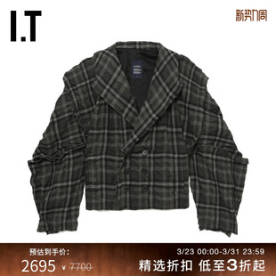 格纹翻领夹克新款 廓形袖 S女装 时髦酷感双排扣毛呢外套 LIMI