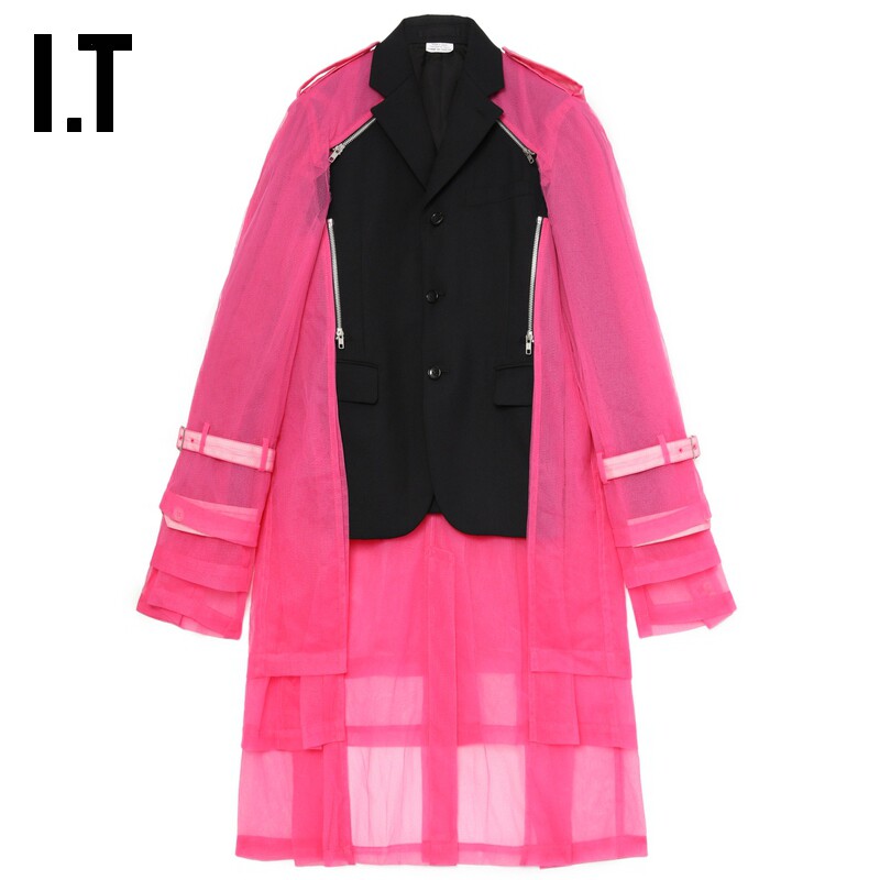 IT CDG COMME des GARCONS HOMME PLUS男薄纱拼接西装夹克长外套