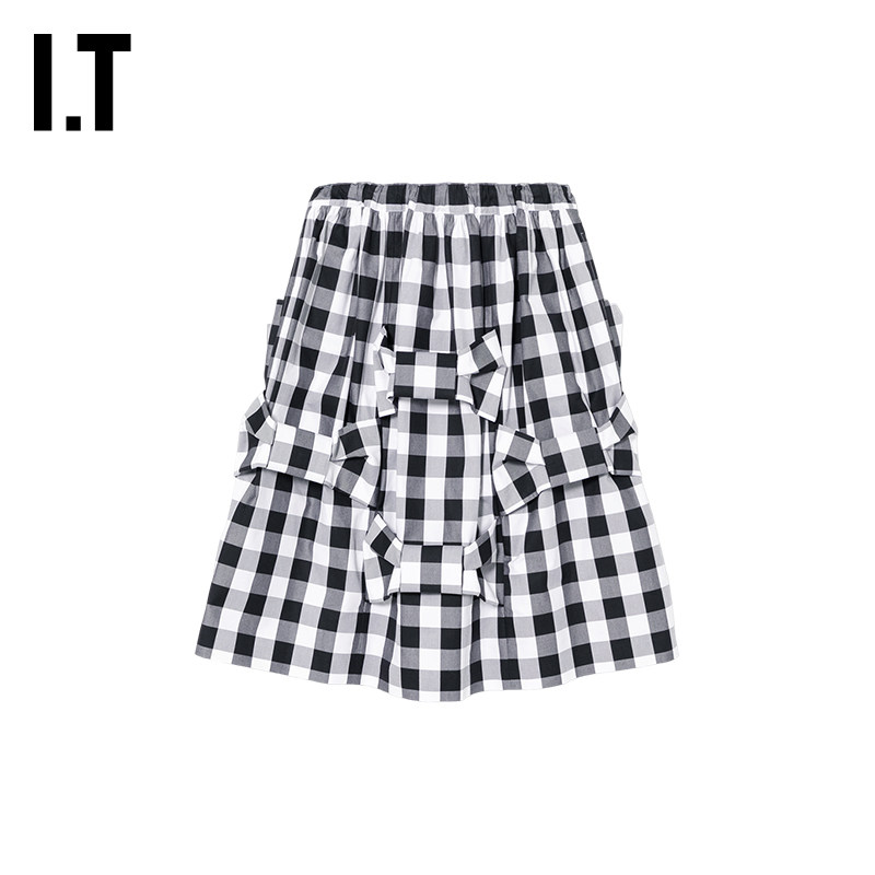 IT CDG COMME des GARCONS GIRL女装蝴蝶结缀饰格纹半身裙中长裙