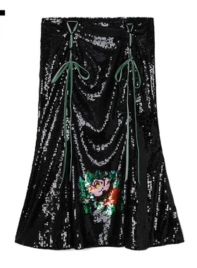 IT yuhan wang女装满幅亮片半身裙新款时髦摩登系带鱼尾裙00SK05