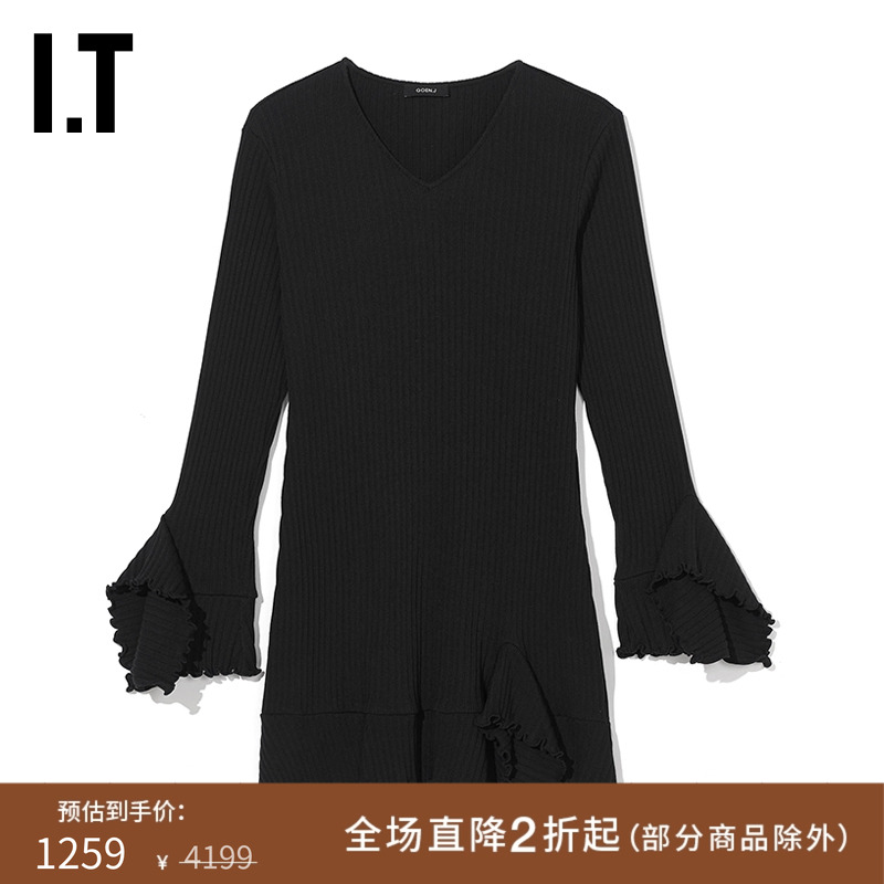 ITGOEN.J木耳边罗纹连衣裙