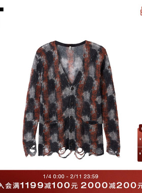 IT R13女装破坏感V领针织开衫新款时髦街头微透晕色针织薄外套