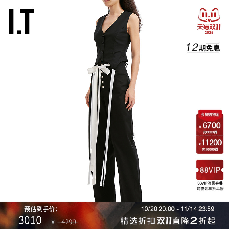 IT RXQUETTE女装V领西装马甲新款时髦时髦长飘带坠饰上衣25COUWXP