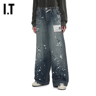 IT Mihara Yasuhiro女装阔腿裤牛仔裤新款铆钉缀饰宽松长裤T081XP