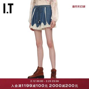IT ZIMMERMANN女装宽松牛仔短裤新款蕾丝拼接休闲裤5631ARXQ