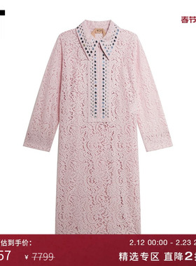 IT N21女装翻领连衣裙优雅气质铆钉缀饰蕾丝镂空直筒裙1423