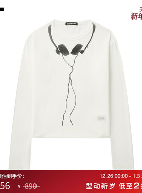 IT GROUNDZERO女装修身长袖T恤圆领新款辣妹耳机印花上衣TE0060