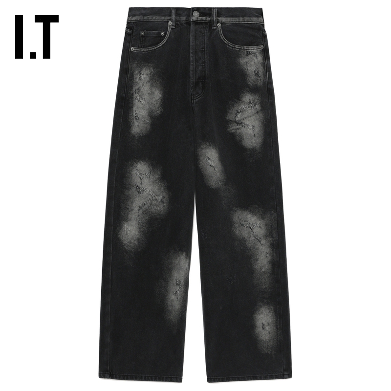 IT GROUNDZERO男女同款宽松牛仔裤新款随性街潮水洗磨白长裤46DJ0