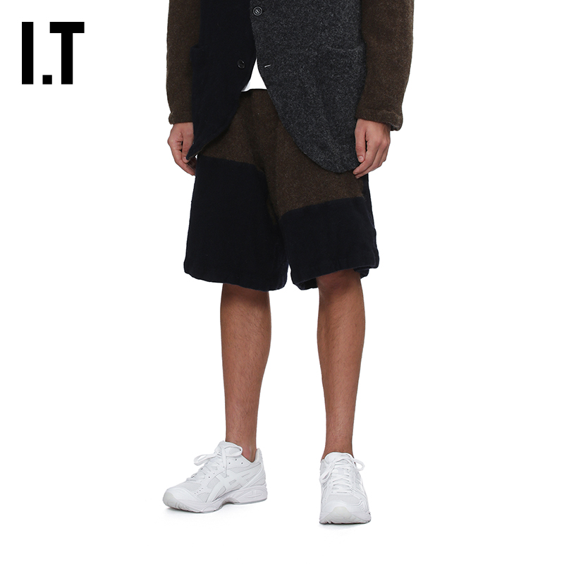 IT宽松拼色毛呢西裤百慕大短裤