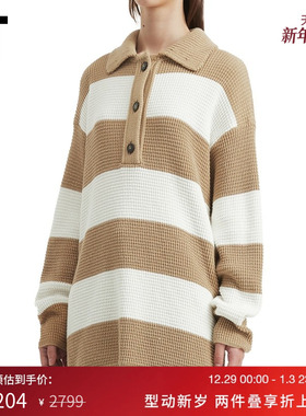 IT CLOSED女装中长款polo领针织衫新款复古慵懒宽松条纹拼色毛衣