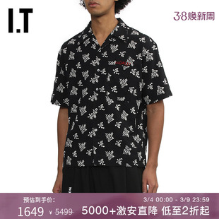 IT S.S DALEY男装翻领排扣短袖衬衫新款复古文艺满幅图案刺绣上衣