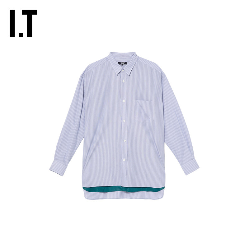 IT CDG COMME des GARCONS HOMME男装条纹衬衫假两件叠层下摆衬衣