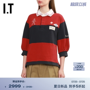 新款 polo衫 SEA女装 复古活力翻领条纹拼色上衣25036XXP 泡泡袖