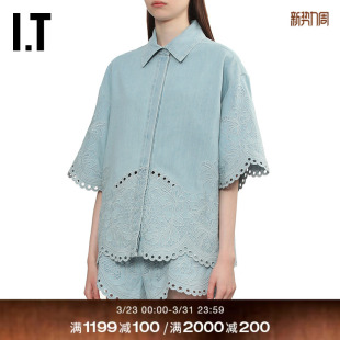 新款 衬衫 宽松牛仔短袖 花纹刺绣镂空廓形上衣 ZIMMERMANN女装