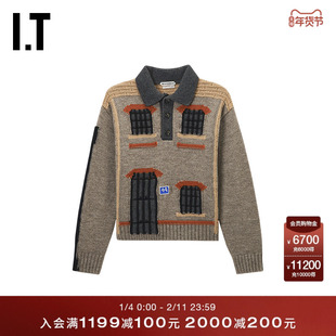 IT JW Anderson女装polo领针织衫新款创意复古房屋图案拼色羊毛衫