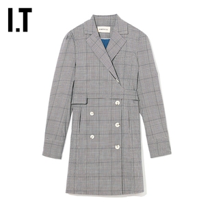 IT PortsPURE女装长袖连衣裙时髦气质饰腰带解构剪裁格纹短裙0124